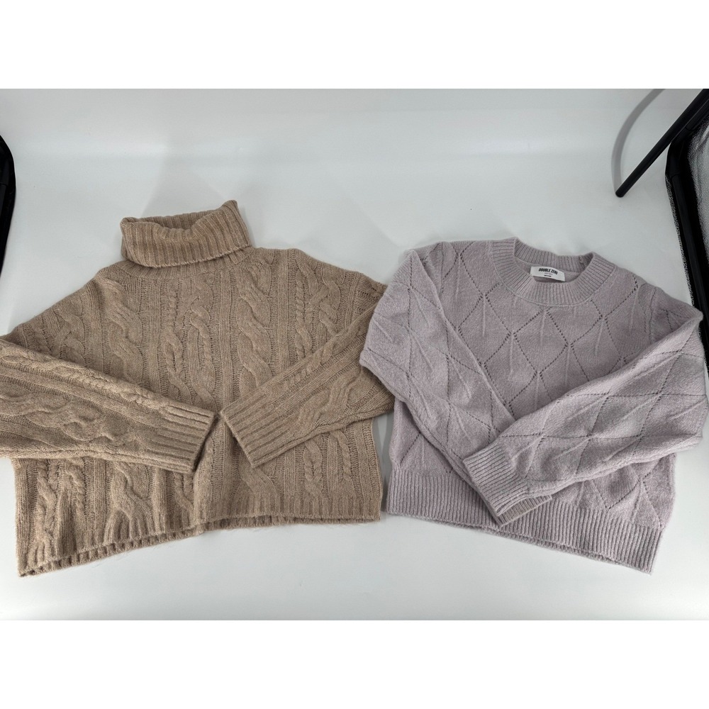 Fashion Nova Cable Knit Turtleneck Sweater Tan Double Zero Argyle Lilac Size SP